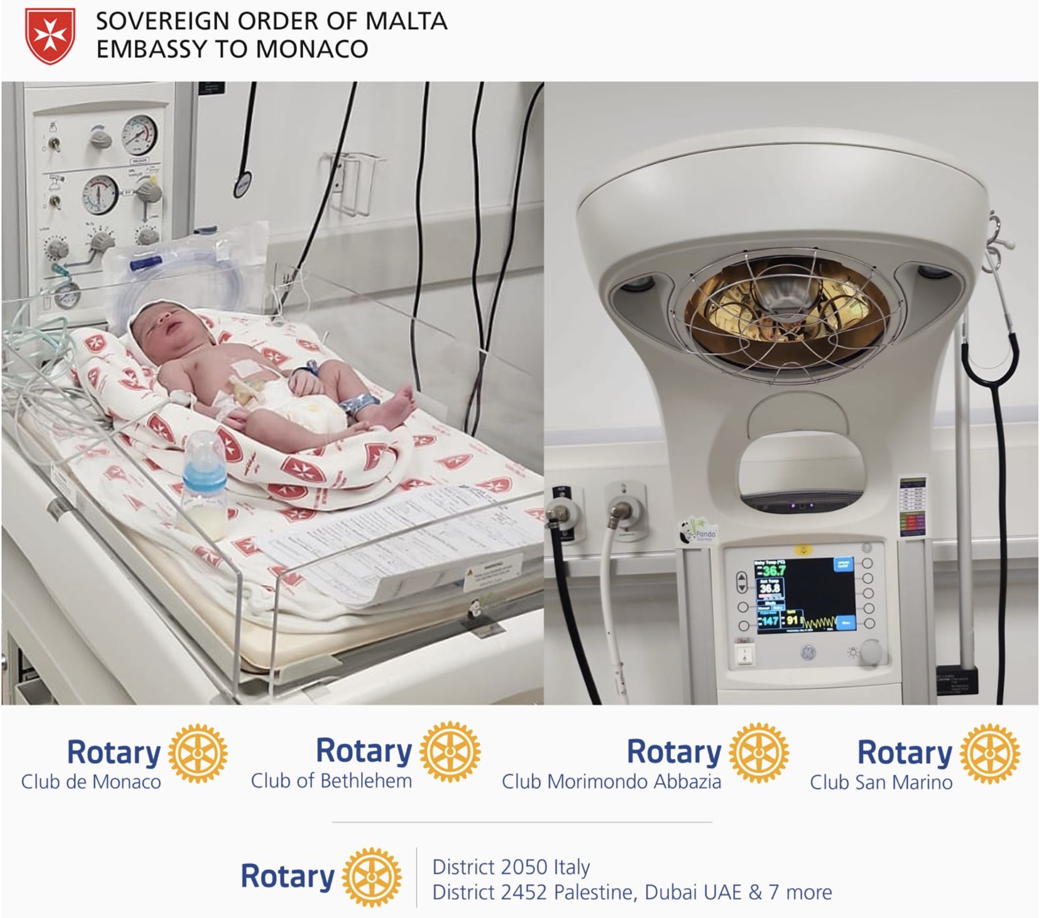 Embassy of the Order of Malta and International Rotary Club Join Forces to Donate Neonatal Incubators to Holy Family Hospital in Bethlehem.